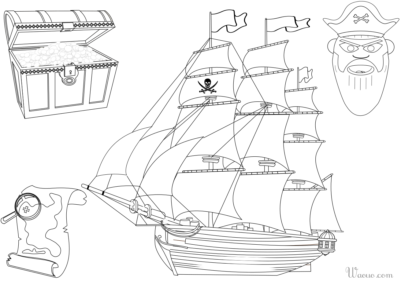 Coloriage bateau et tresor de pirate